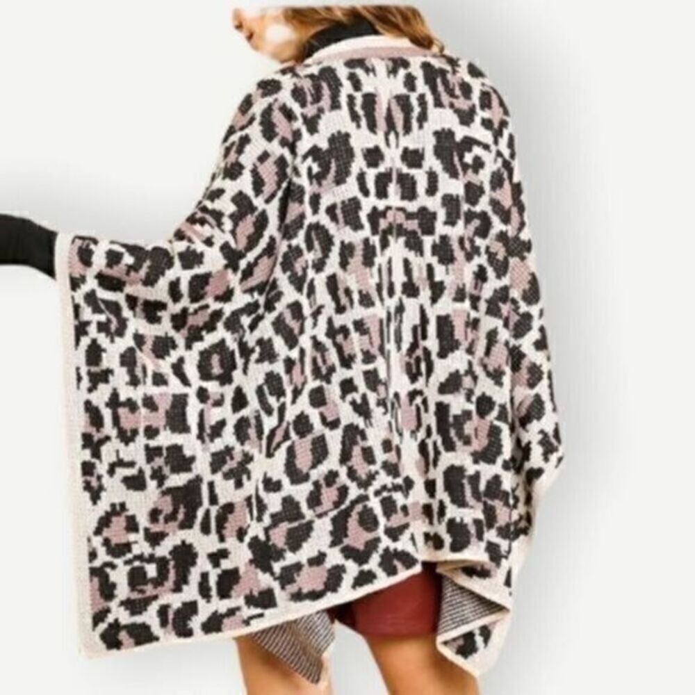 Umgee Animal Print Poncho Sweater Small Medium